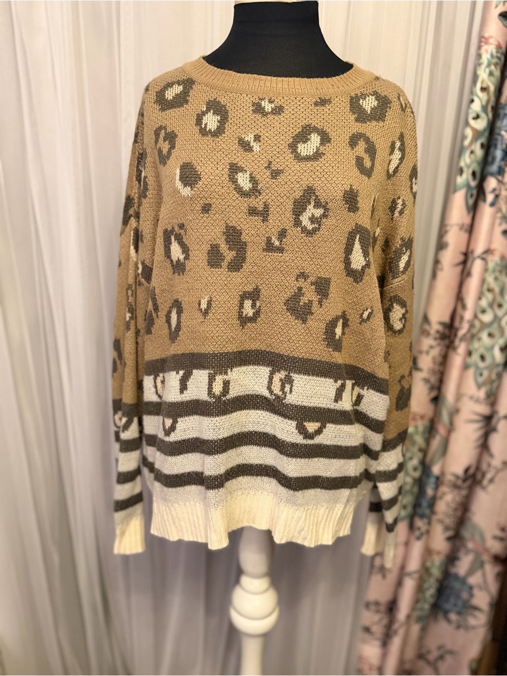 Pink Lily Leopard Stripe Oversized Sweater Small Tan Cream Brown